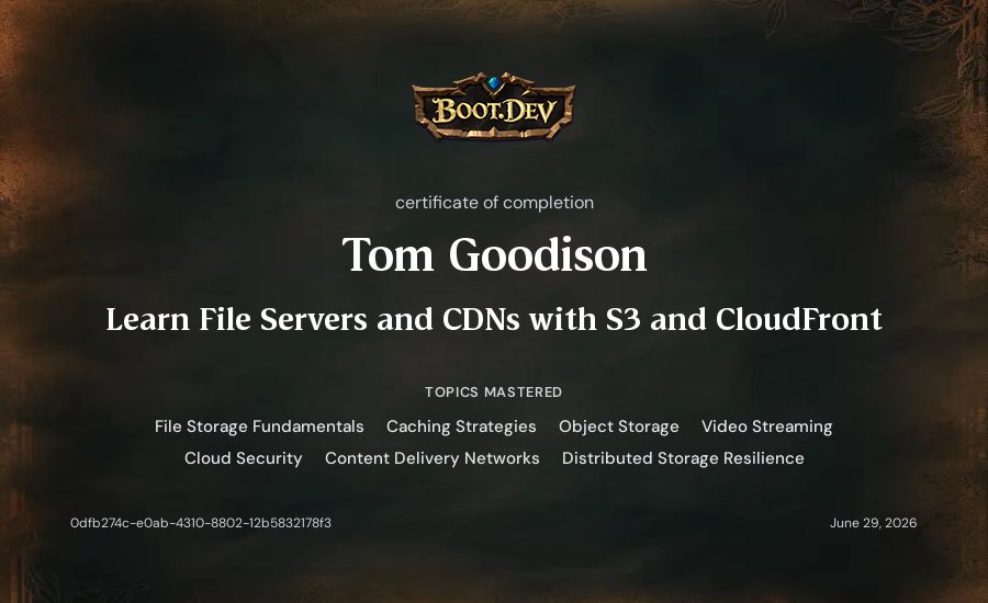 Tom Goodison's Boot.dev Learn File Servers and CDNs with S3 and CloudFront certificate
