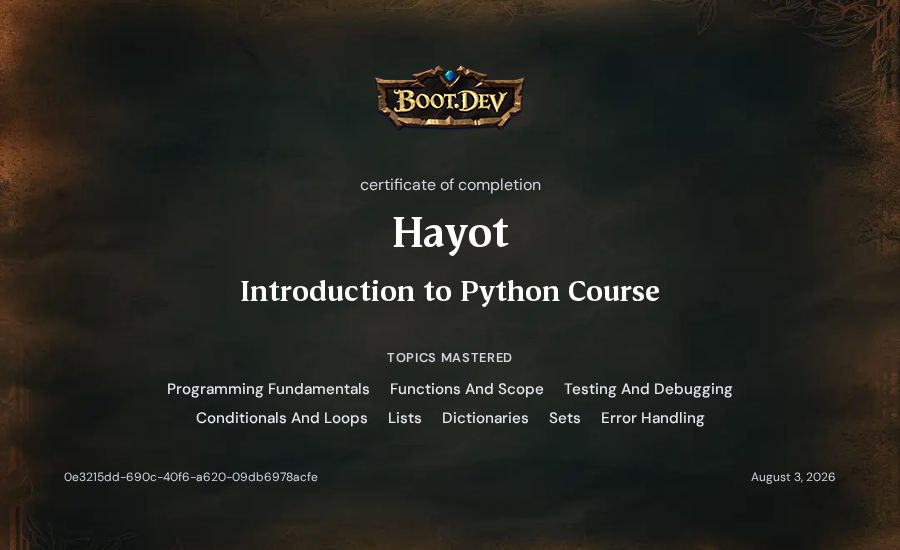 Hayot's Boot.dev Introduction to Python Course certificate