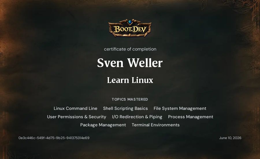 Sven Weller's Boot.dev Learn Linux certificate