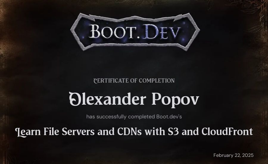 Oleksander Popov's Boot.dev Learn File Servers and CDNs with S3 and CloudFront certificate