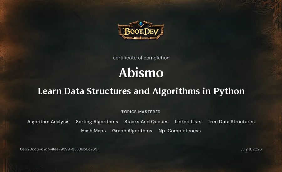 Abismo's Boot.dev Learn Data Structures and Algorithms in Python certificate