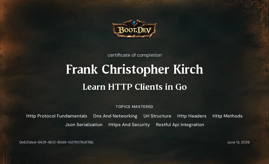 Frank's Boot.dev Learn HTTP Clients in Go certificate