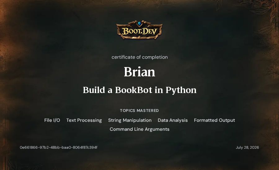 Brian's Boot.dev Build a BookBot in Python certificate
