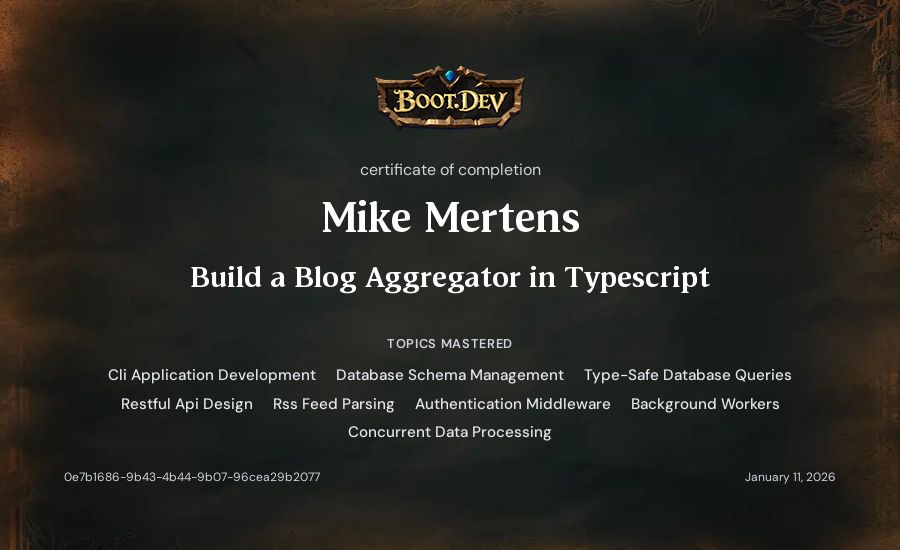 Mike Mertens's Boot.dev Build a Blog Aggregator in TypeScript certificate
