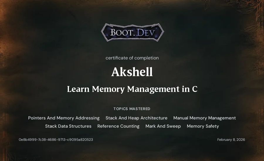 Akshell's Boot.dev Learn Memory Management in C certificate