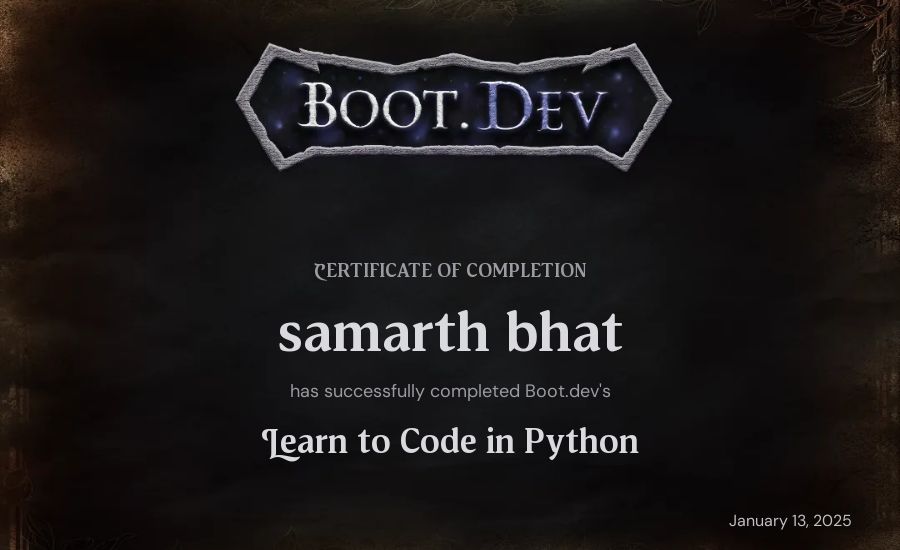 Trolley's Boot.dev Introduction to Python Course certificate