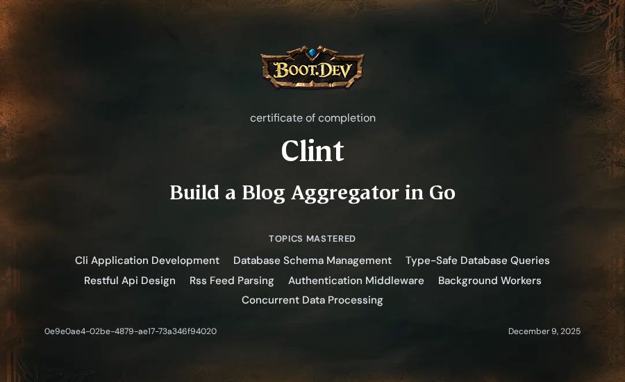 Clint's Boot.dev Build a Blog Aggregator in Go certificate