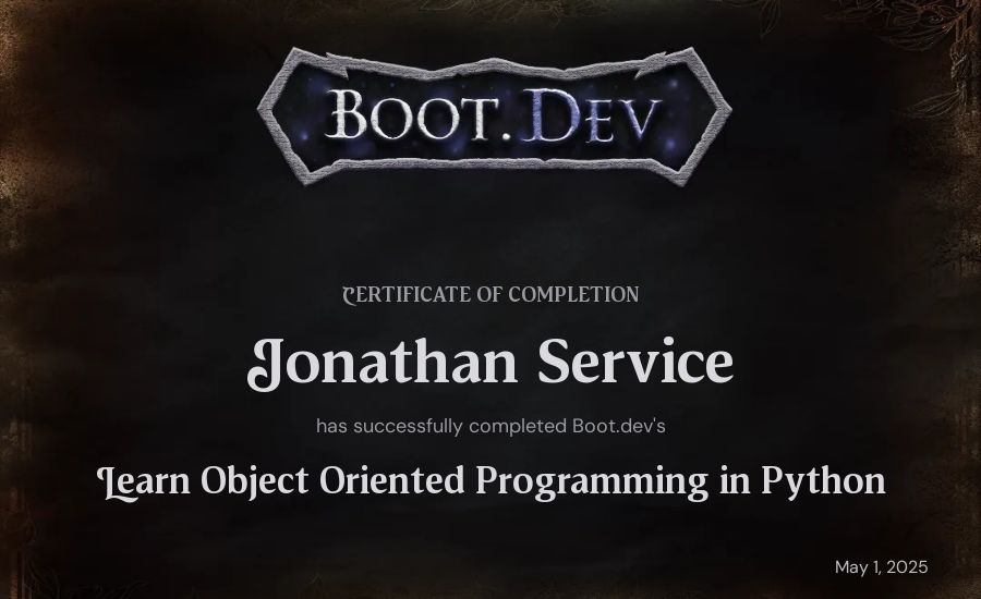 Jonathan Service's Boot.dev Learn Object Oriented Programming in Python certificate