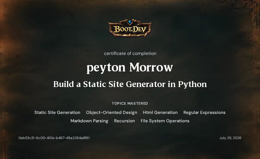 peyton Morrow's Boot.dev Build a Static Site Generator in Python certificate