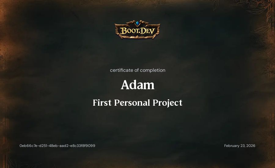 Adam's Boot.dev First Personal Project certificate