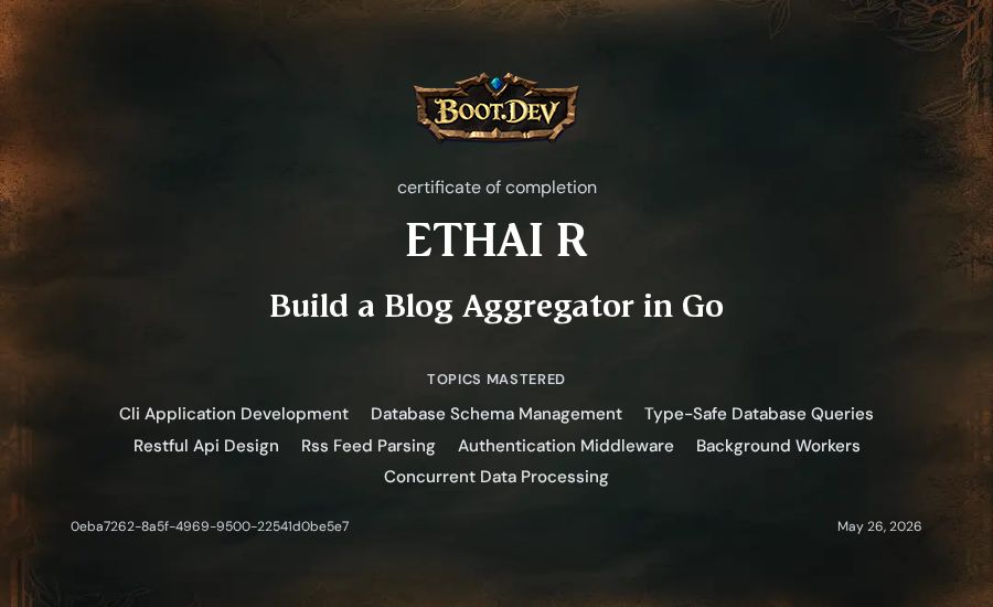 Ethai Reubinoff's Boot.dev Build a Blog Aggregator in Go certificate