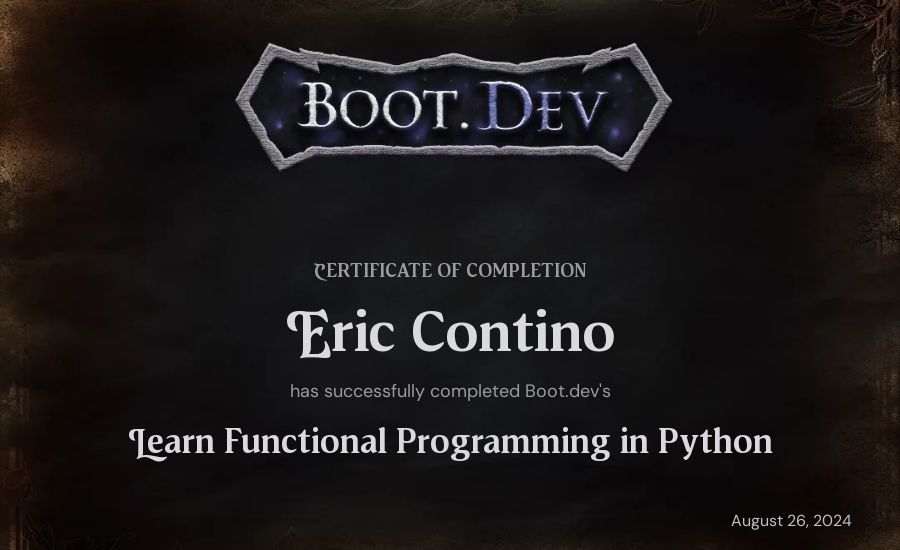 Eric Contino's Boot.dev Learn Functional Programming in Python certificate