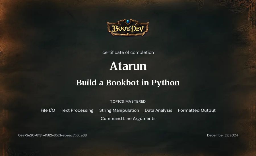 Atarun's Boot.dev Build a BookBot in Python certificate