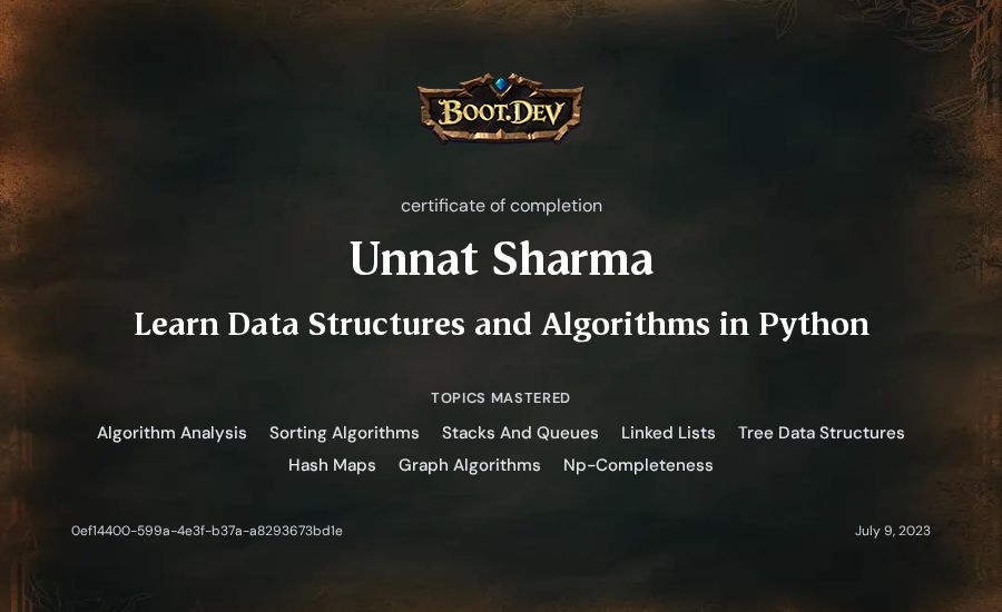 Unnat Sharma's Boot.dev Learn Data Structures and Algorithms in Python certificate