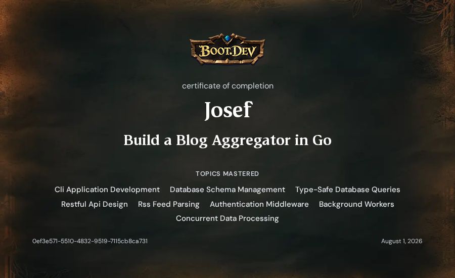Josef's Boot.dev Build a Blog Aggregator in Go certificate