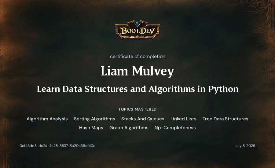 Liam Mulvey's Boot.dev Learn Data Structures and Algorithms in Python certificate