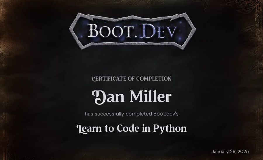 Dan Miller's Boot.dev Introduction to Python Course certificate