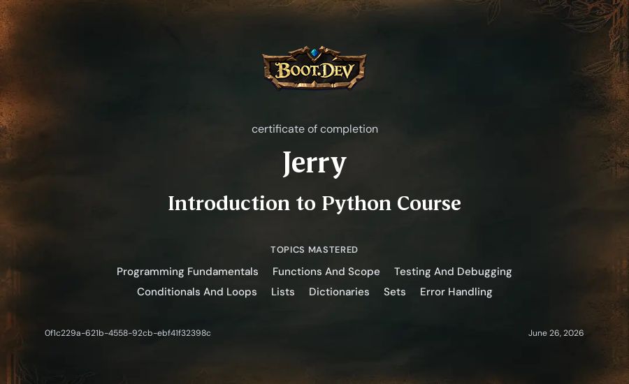Jerry's Boot.dev Introduction to Python Course certificate