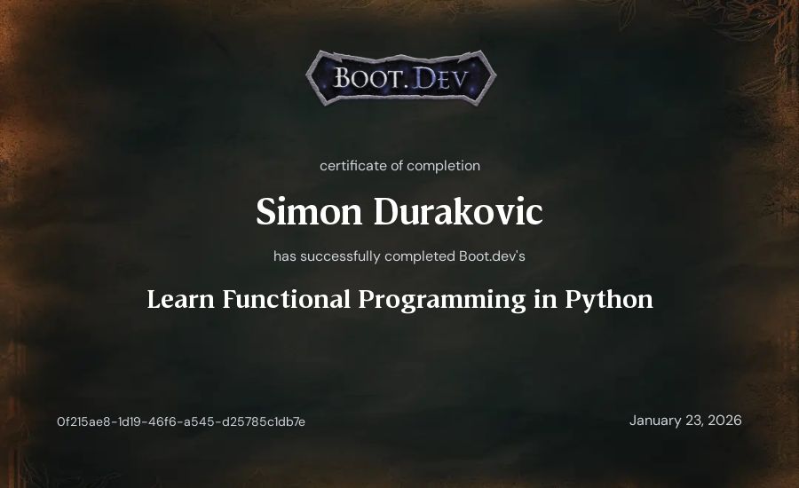 Simon's Boot.dev Learn Functional Programming in Python certificate