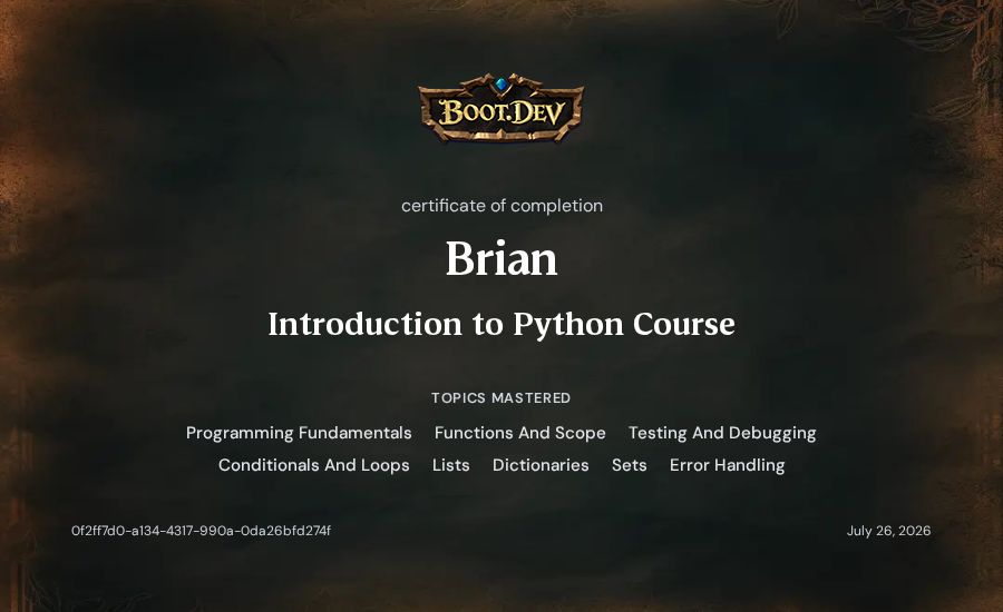 Brian's Boot.dev Introduction to Python Course certificate