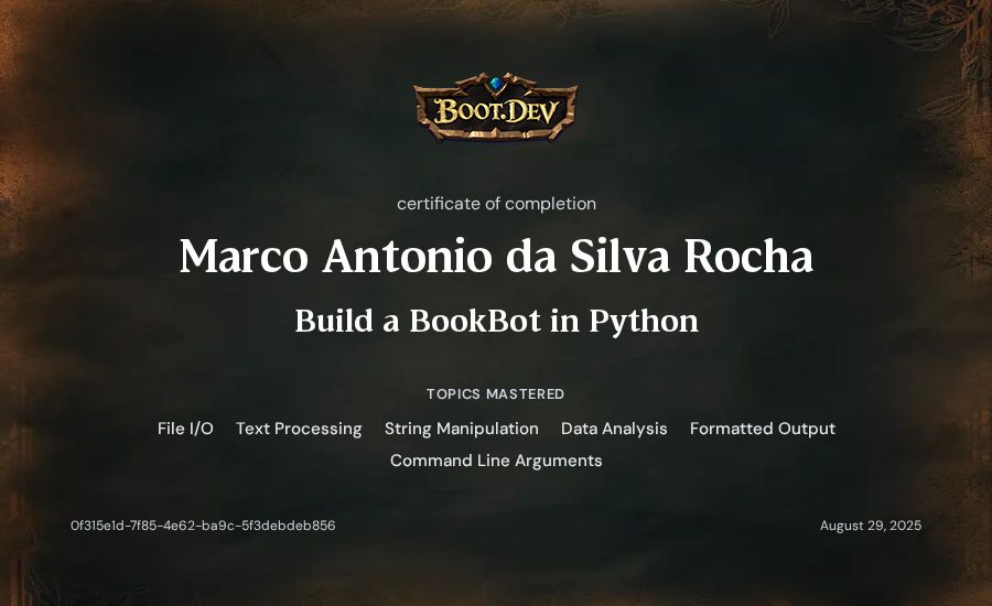 Marco Antonio da Silva Rocha's Boot.dev Build a BookBot in Python certificate