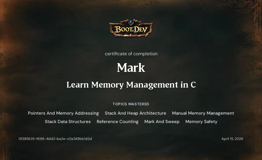 Mark's Boot.dev Learn Memory Management in C certificate