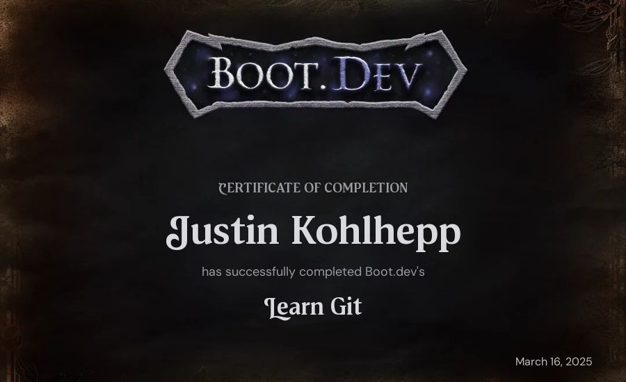 Justin Kohlhepp's Boot.dev Learn Git certificate