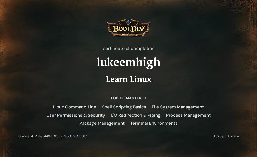 lukeemhigh's Boot.dev Learn Linux certificate