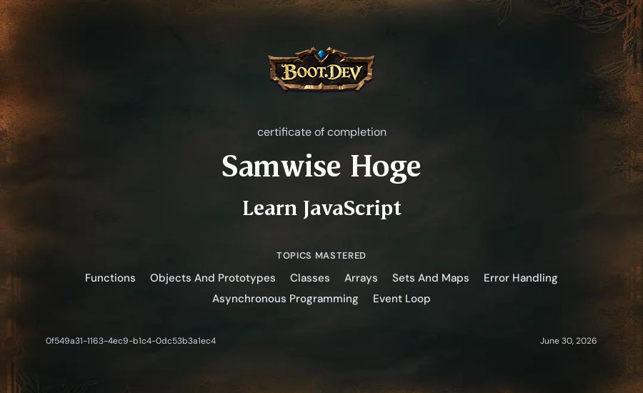 Samwise Hoge's Boot.dev Learn JavaScript certificate