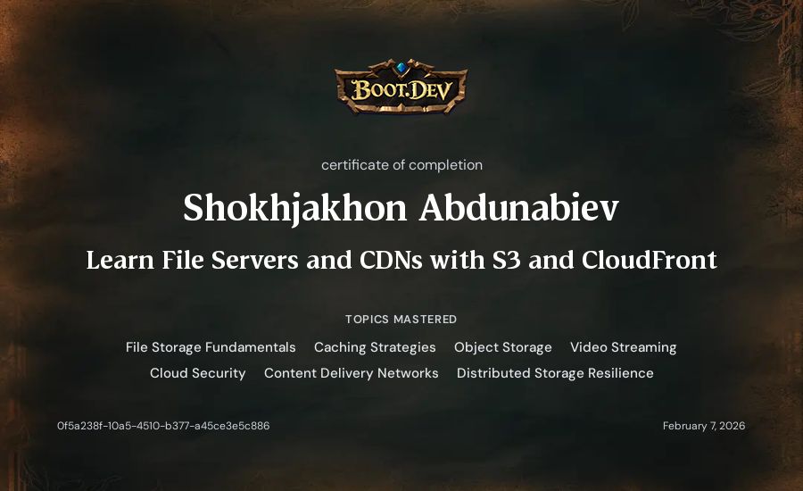 Shokhjakhon Abdunabiev's Boot.dev Learn File Servers and CDNs with S3 and CloudFront certificate