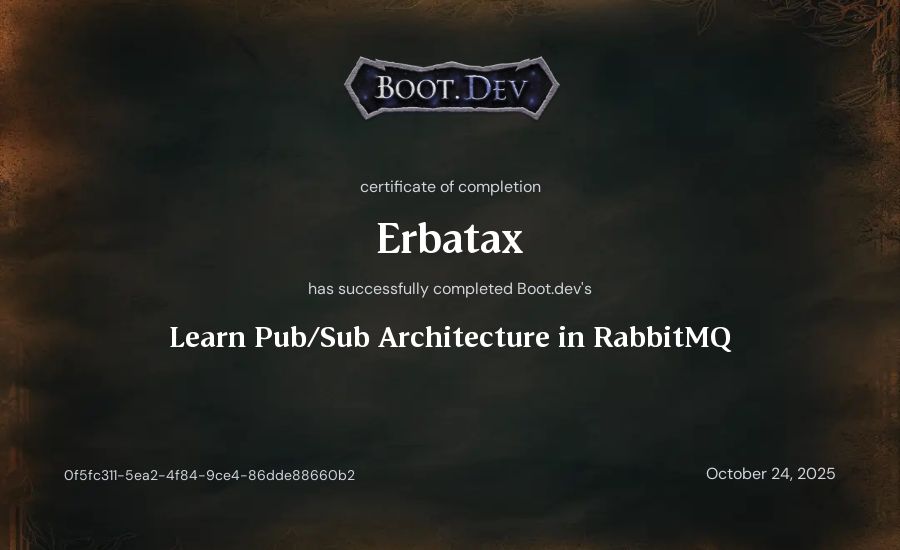 Erbatax's Boot.dev Learn Pub/Sub in RabbitMQ and TypeScript certificate