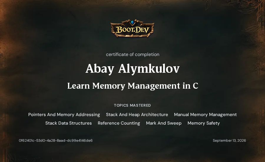 Abay Alymkulov's Boot.dev Learn Memory Management in C certificate