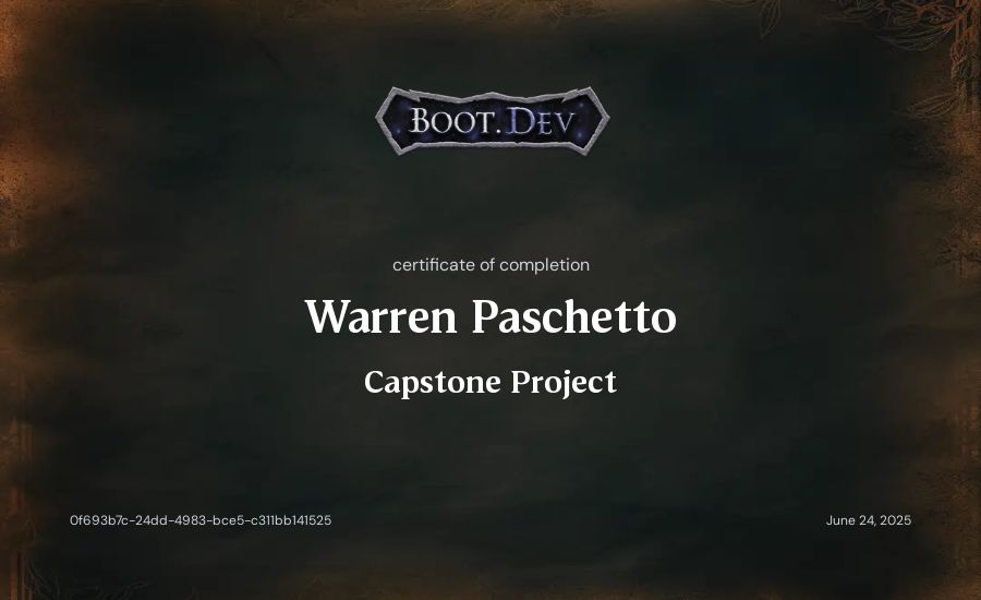 Warren Paschetto's Boot.dev Capstone Project certificate