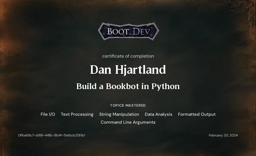 Dan Hjartland's Boot.dev Build a BookBot in Python certificate