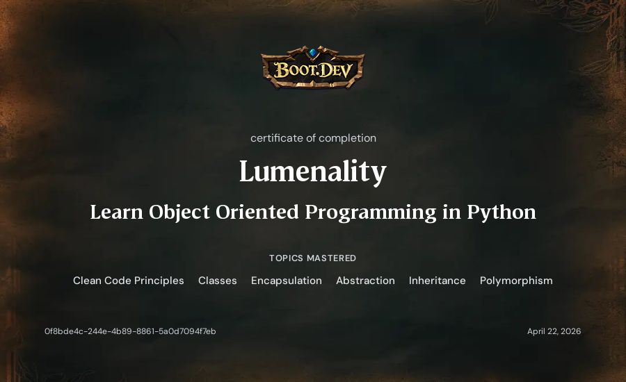 Lumenality's Boot.dev Learn Object Oriented Programming in Python certificate