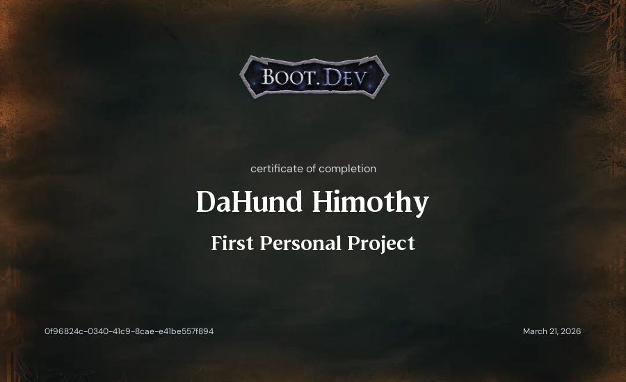 DaHund Himothy's Boot.dev First Personal Project certificate