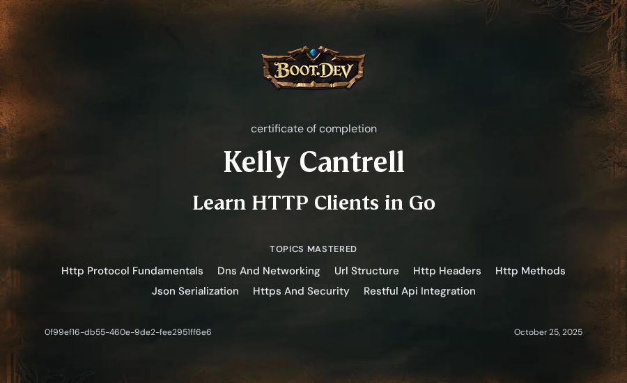 Kelly Cantrell's Boot.dev Learn HTTP Clients in Go certificate