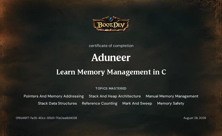 Aduneer's Boot.dev Learn Memory Management in C certificate