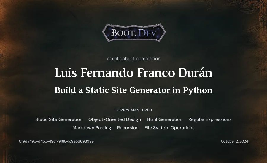Fernando Franco's Boot.dev Build a Static Site Generator in Python certificate