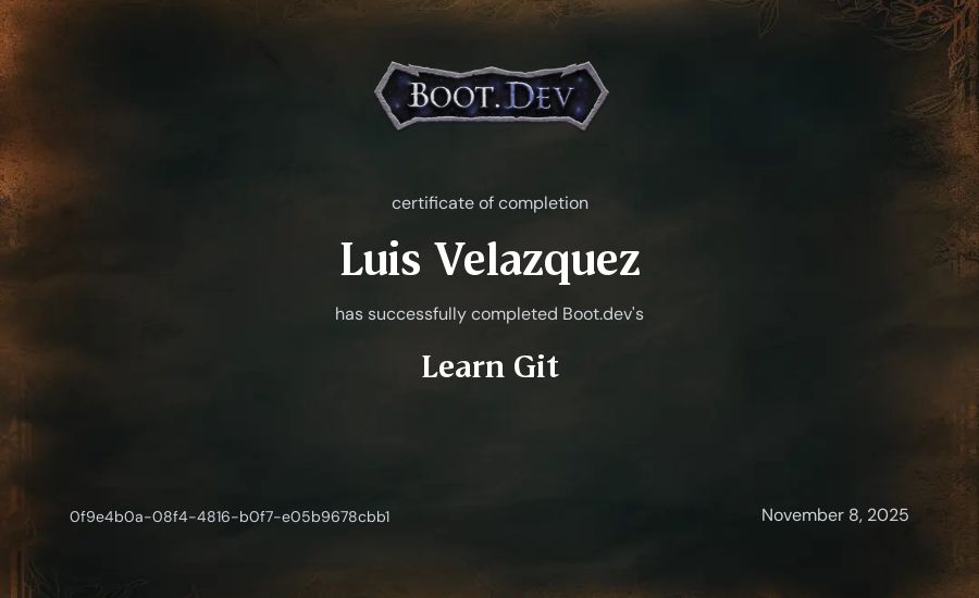 Luis Velazquez's Boot.dev Learn Git certificate