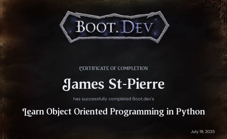 James St-Pierre's Boot.dev Learn Object Oriented Programming in Python certificate