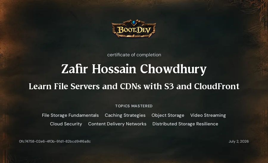 Zafir Hossain Chowdhury's Boot.dev Learn File Servers and CDNs with S3 and CloudFront certificate