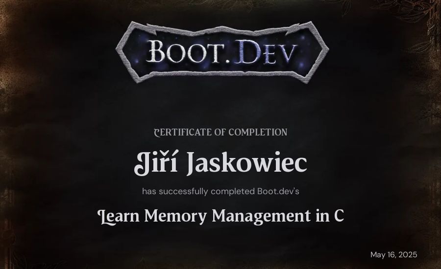 Jiří Jaskowiec's Boot.dev Learn Memory Management in C certificate