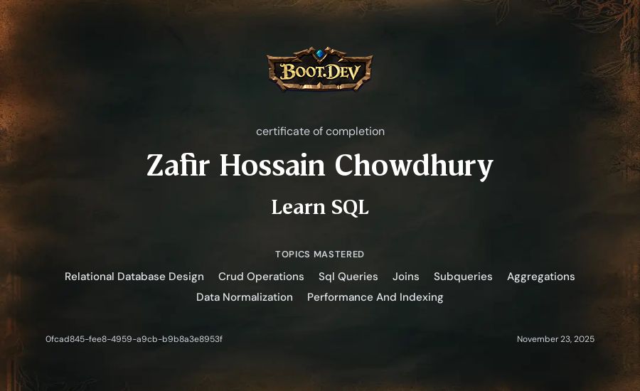 Zafir Hossain Chowdhury's Boot.dev Learn SQL certificate