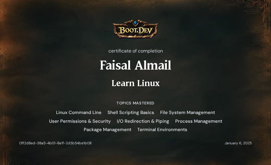 Faisal Almail's Boot.dev Learn Linux certificate