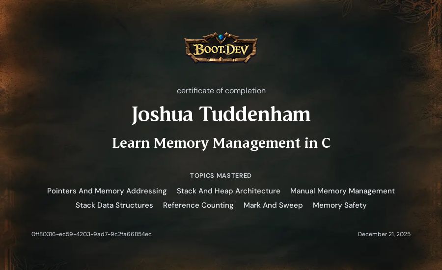 Joshua Tuddenham's Boot.dev Learn Memory Management in C certificate