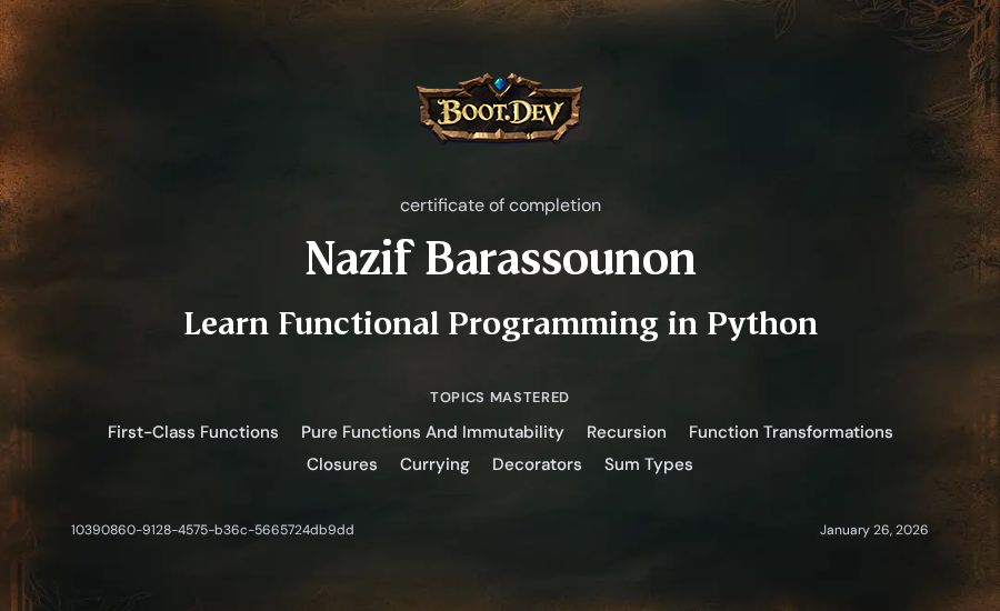 Nazif Barassounon's Boot.dev Learn Functional Programming in Python certificate