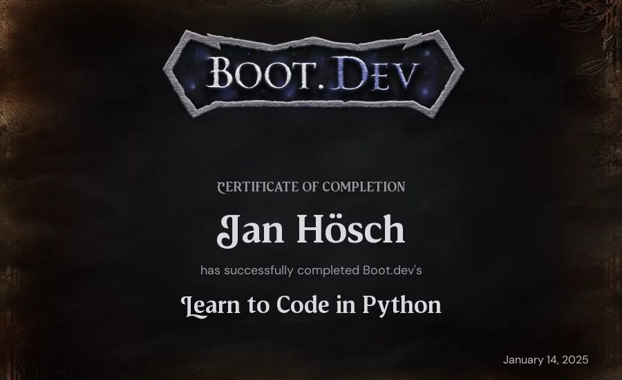 Jan Hösch's Boot.dev Introduction to Python Course certificate