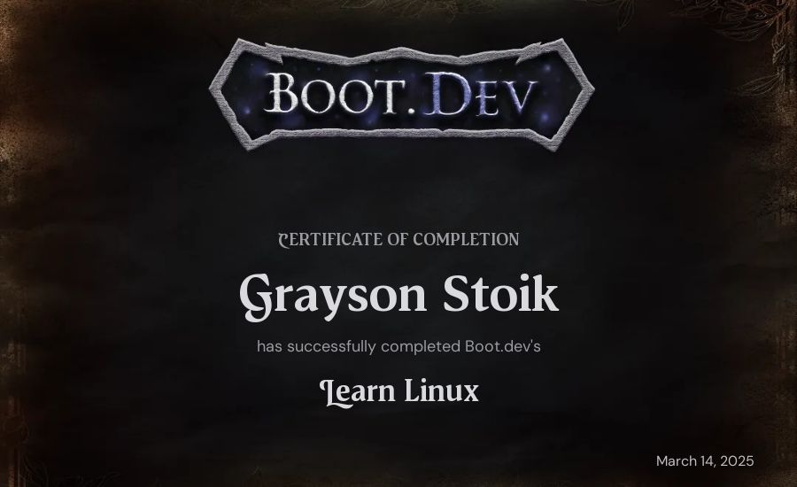 Grayson Stoik's Boot.dev Learn Linux certificate