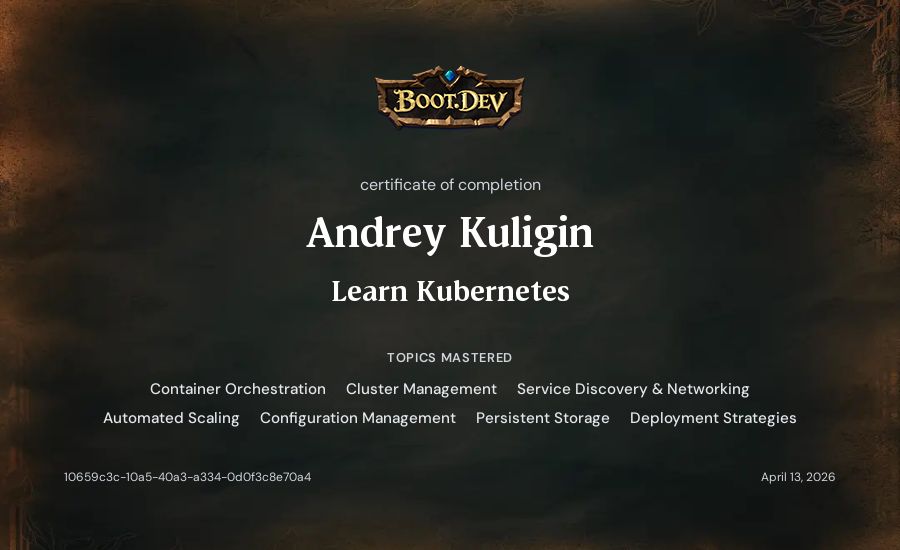 Andrey Kuligin's Boot.dev Learn Kubernetes certificate